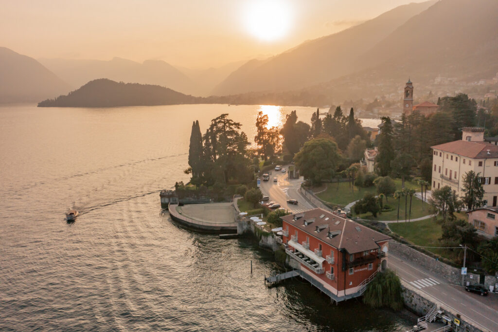 Aerial view of La Darsena restaurant on the shores of Lake Como